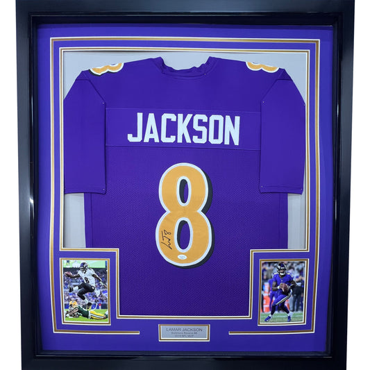 Framed Autographed/Signed Lamar Jackson 35x39 Baltimore Color Rush Football Jersey JSA COA