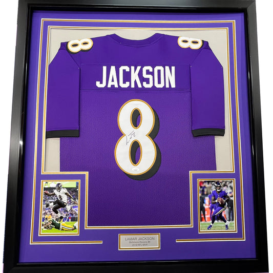 Framed Autographed/Signed Lamar Jackson 35x39 Baltimore Purple Football Jersey JSA COA