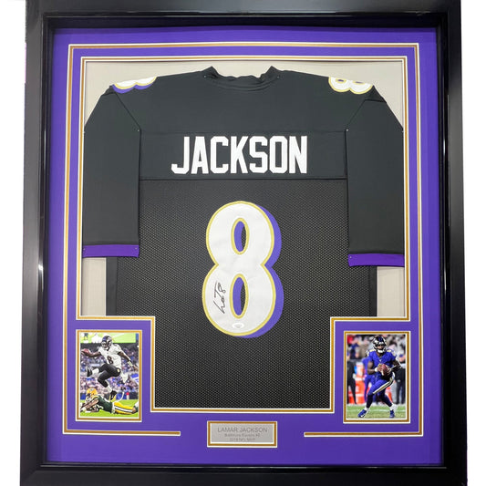 Framed Autographed/Signed Lamar Jackson 35x39 Baltimore Black Football Jersey JSA COA
