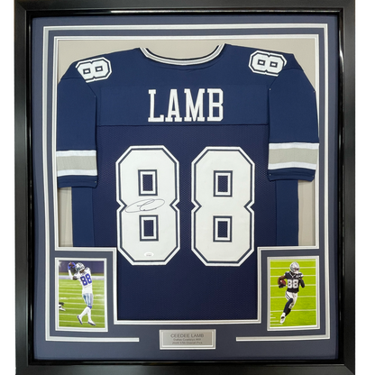 Framed Autographed/Signed CeeDee Lamb 35x39 Dallas Blue Football Jersey JSA COA