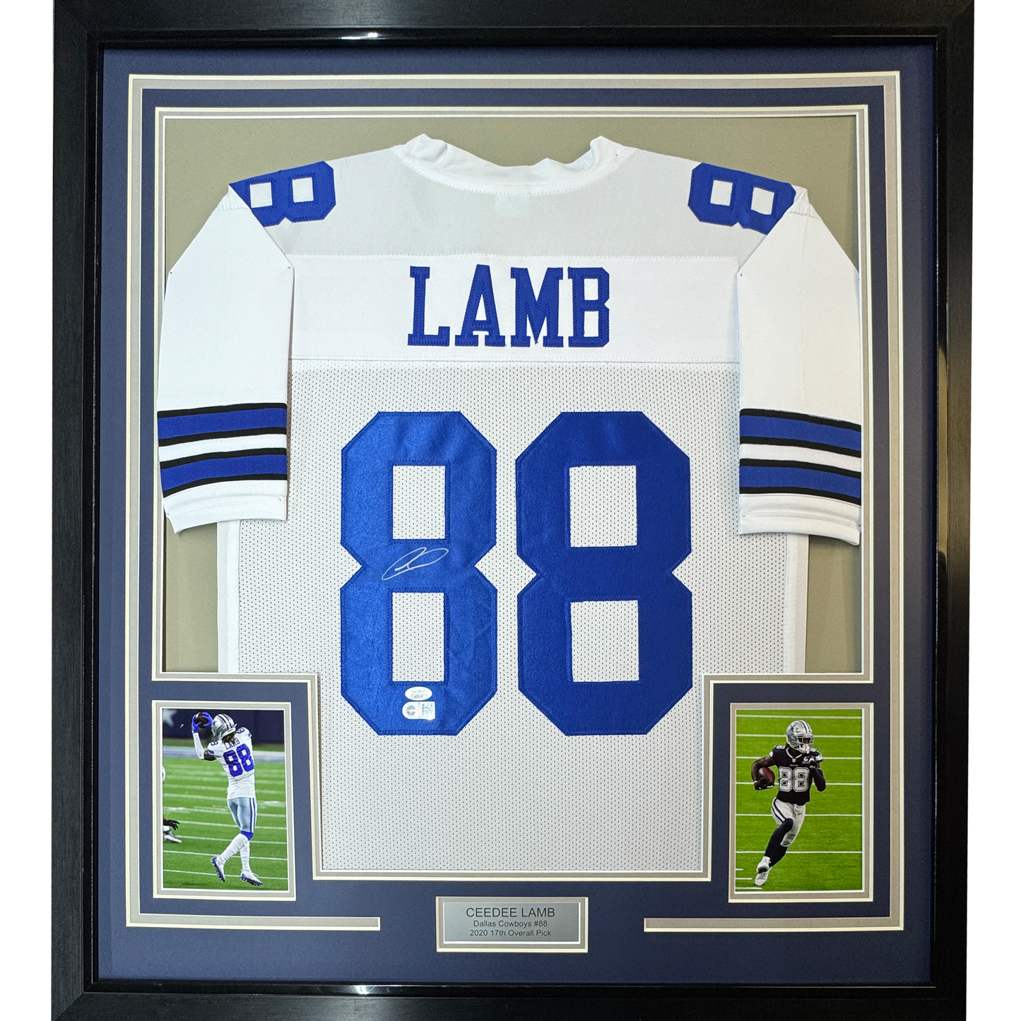 Framed Autographed/Signed CeeDee Lamb 35x39 Dallas White Football Jersey JSA COA