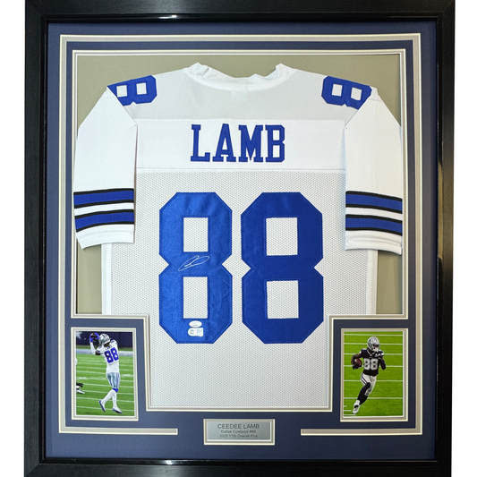 Framed Autographed/Signed CeeDee Lamb 35x39 Dallas White Football Jersey JSA COA