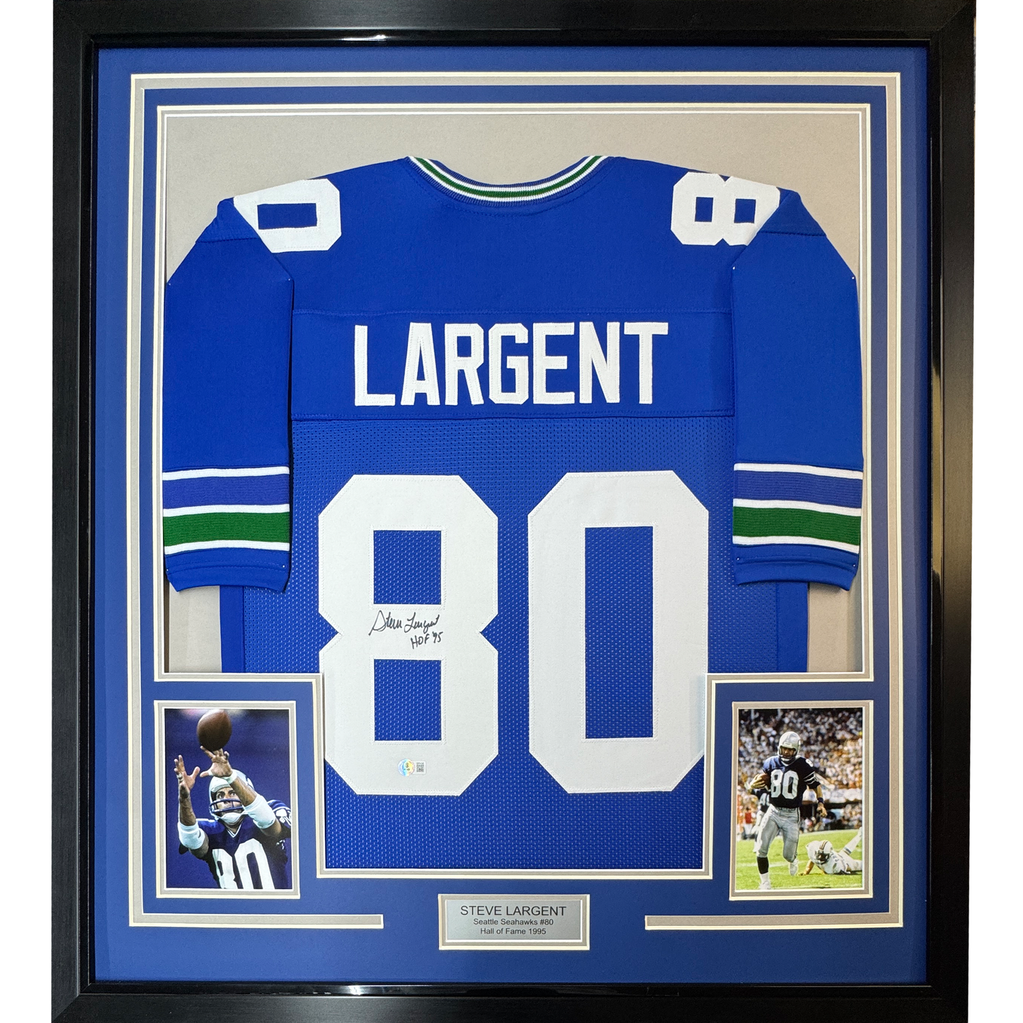Framed Autographed/Signed Steve Largent HOF 95 35x39 Seattle Blue Football Jersey JSA COA