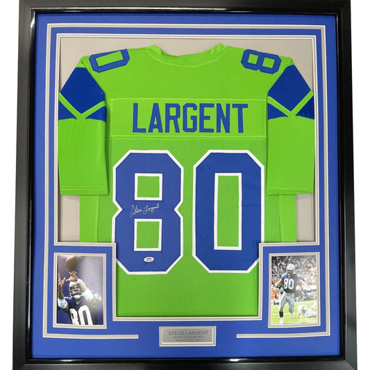 Framed Autographed/Signed Steve Largent 35x39 Seattle Green Football Jersey PSA/DNA COA