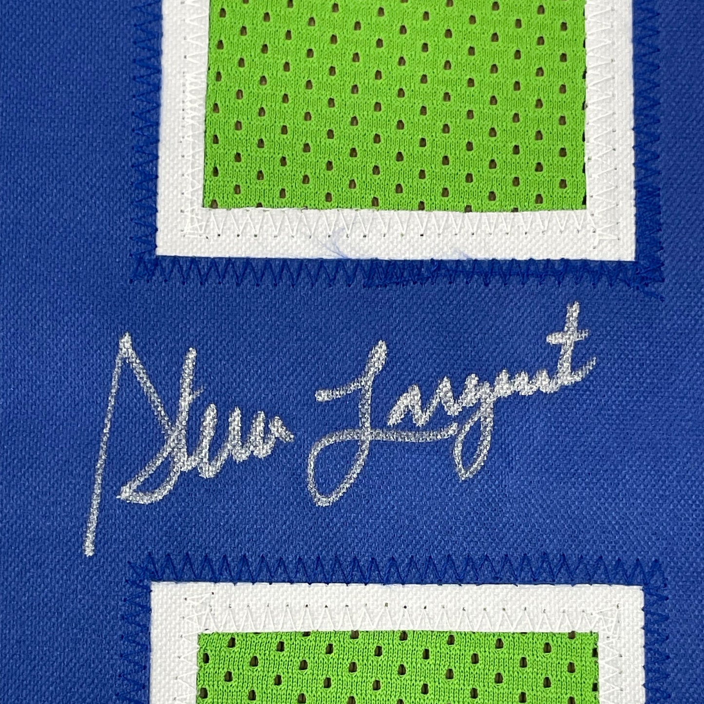 Framed Autographed/Signed Steve Largent 35x39 Seattle Green Football Jersey PSA/DNA COA