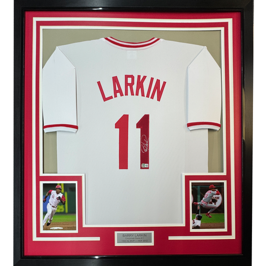 Framed Autographed/Signed Barry Larkin 35x39 Cincinnati White Baseball Jersey Beckett BAS COA
