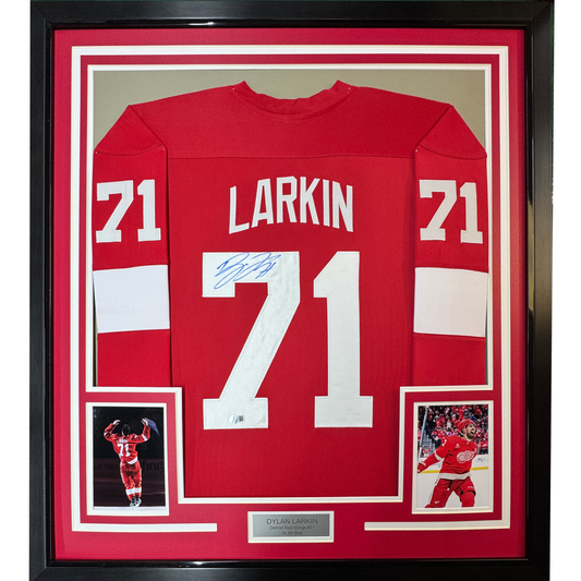 Framed Autographed/Signed Dylan Larkin 35x39 Detroit Red Hockey Jersey Beckett BAS COA