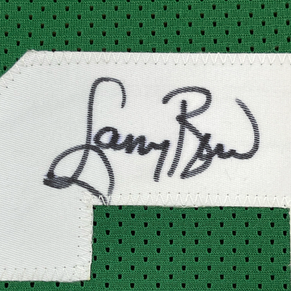 Framed Autographed/Signed Larry Bird 35x39 Boston Green Basketball Jersey PSA/DNA COA