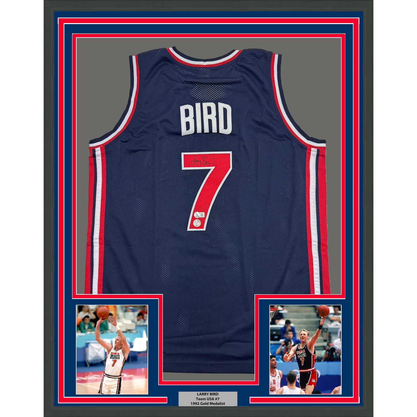 Framed Autographed/Signed Larry Bird 35x39 United States USA Blue 1992 Dream Team Basketball Jersey Beckett BAS COA