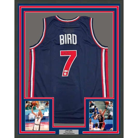 Framed Autographed/Signed Larry Bird 35x39 United States USA Blue 1992 Dream Team Basketball Jersey Beckett BAS COA