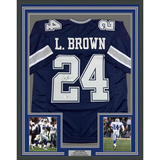 Framed Autographed/Signed Larry Brown 35x39 Dallas Blue Football Jersey Beckett BAS COA