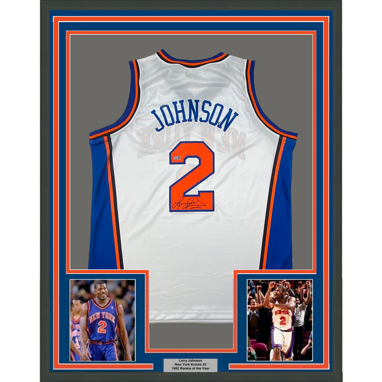 Framed Autographed/Signed Larry Johnson 35x39 New York White Basketball Jersey Steiner COA