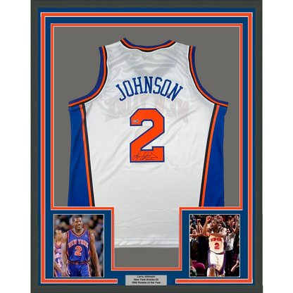 Framed Autographed/Signed Larry Johnson 35x39 New York White Basketball Jersey Steiner COA