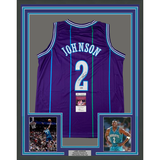 Framed Autographed/Signed Larry Johnson 35x39 Charlotte Purple Basketball Jersey JSA COA
