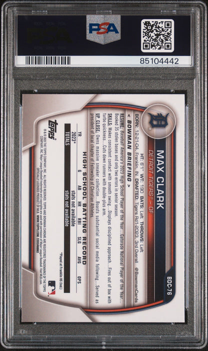 Graded 2023 Topps Bowman Draft Max Clark #BDC76 Chrome Rookie RC Baseball Card PSA 10 Gem Mint