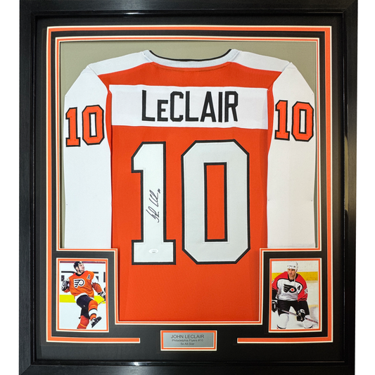Framed Autographed/Signed John LeClair 35x39 Philadelphia Orange Hockey Jersey Beckett BAS COA