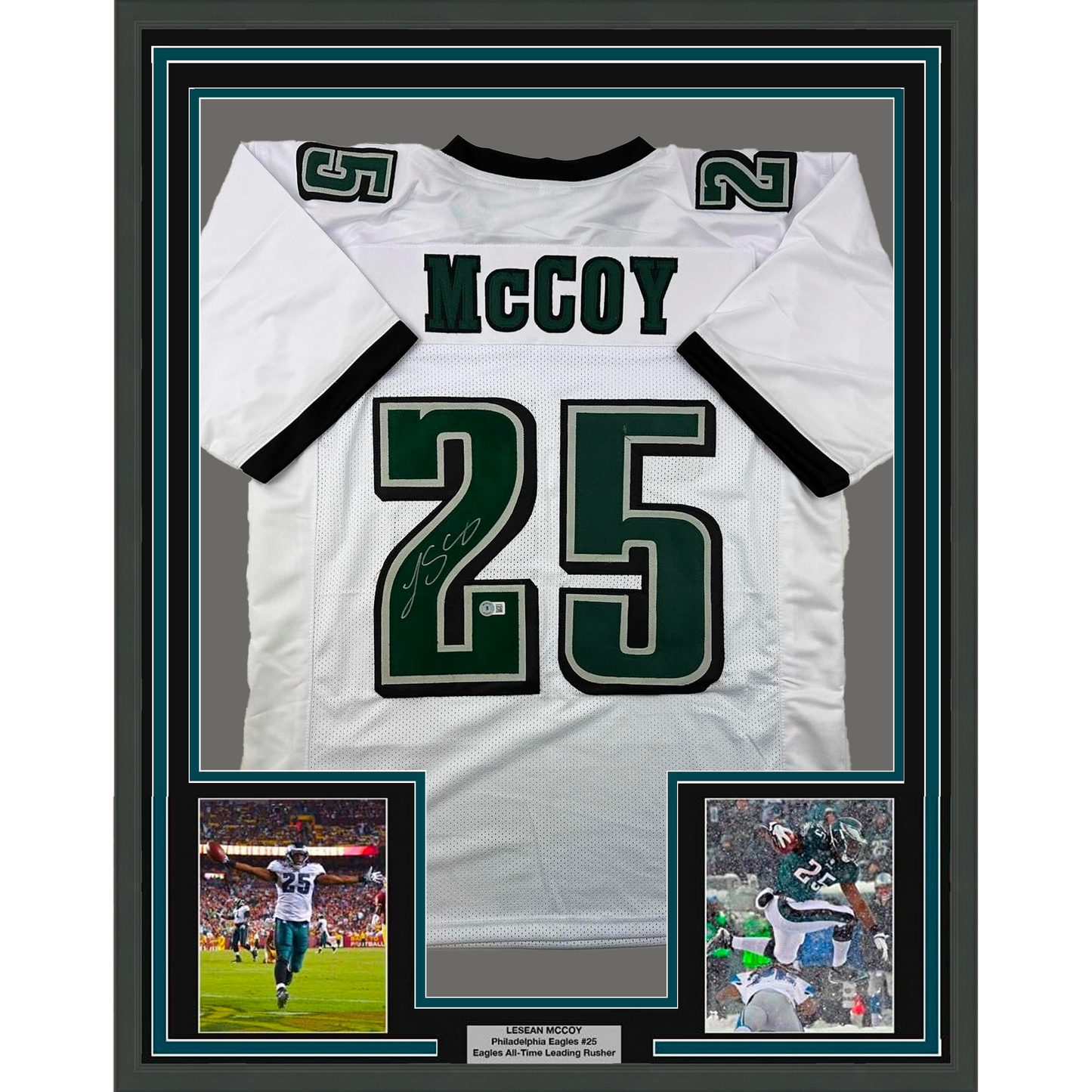 Framed Autographed/Signed LeSean McCoy 35x39 Philadelphia White Football Jersey Beckett BAS COA