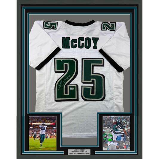 Framed Autographed/Signed LeSean McCoy 35x39 Philadelphia White Football Jersey Beckett BAS COA