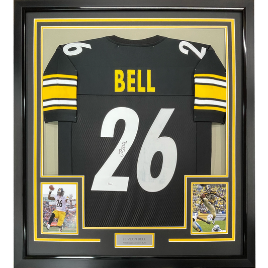 Framed Autographed/Signed Le'Veon LeVeon Bell 35x39 Pittsburgh Black Football Jersey JSA COA