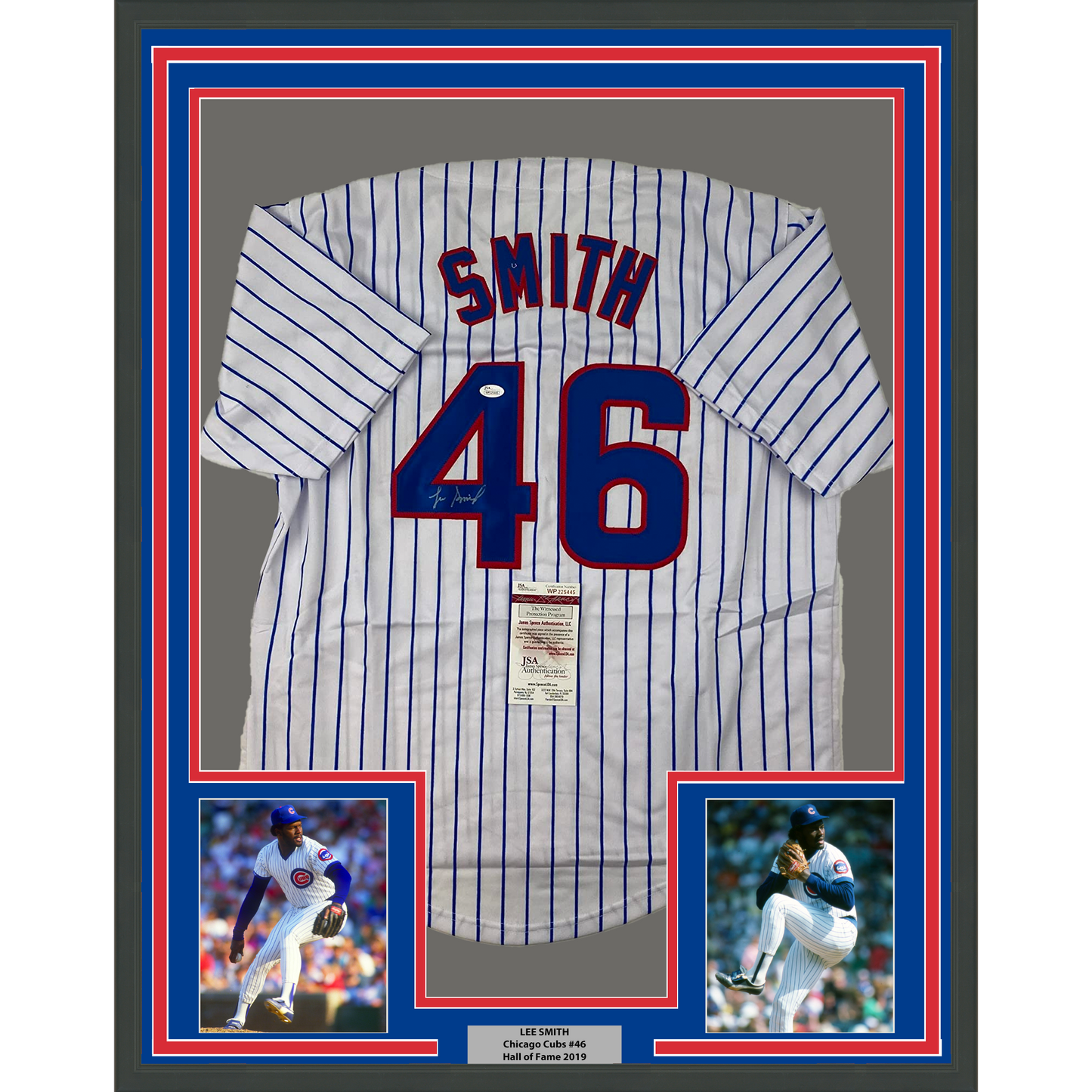 Framed Autographed/Signed Lee Smith 35x39 Chicago Pinstripe Baseball Jersey JSA COA