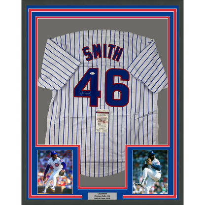 Framed Autographed/Signed Lee Smith 35x39 Chicago Pinstripe Baseball Jersey JSA COA