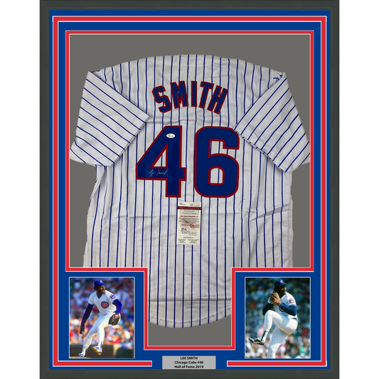 Framed Autographed/Signed Lee Smith 35x39 Chicago Pinstripe Baseball Jersey JSA COA