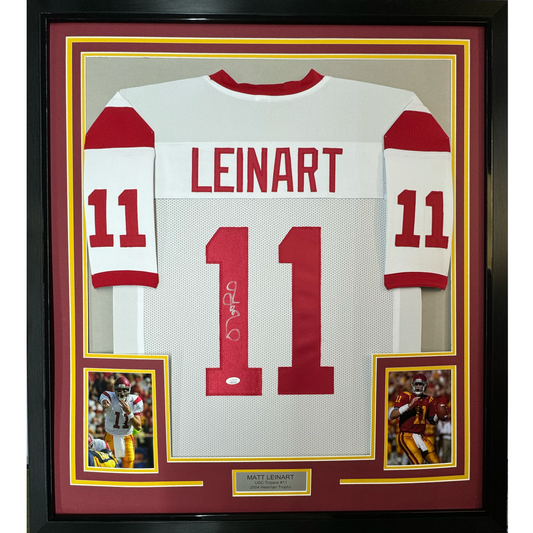 Framed Autographed/Signed Matt Leinart 35x39 USC White Football Jersey JSA COA