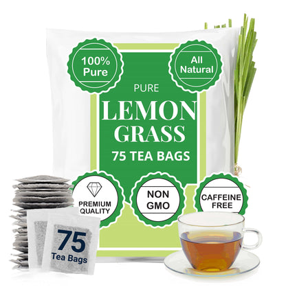 Akshit Lemongrass Tea | 75 Tea Bags from 100% Pure Lemongrass Leaves - Relaxing Tea, Brew Hot or Iced Tea | NON-GMO, Caffeine-Free.