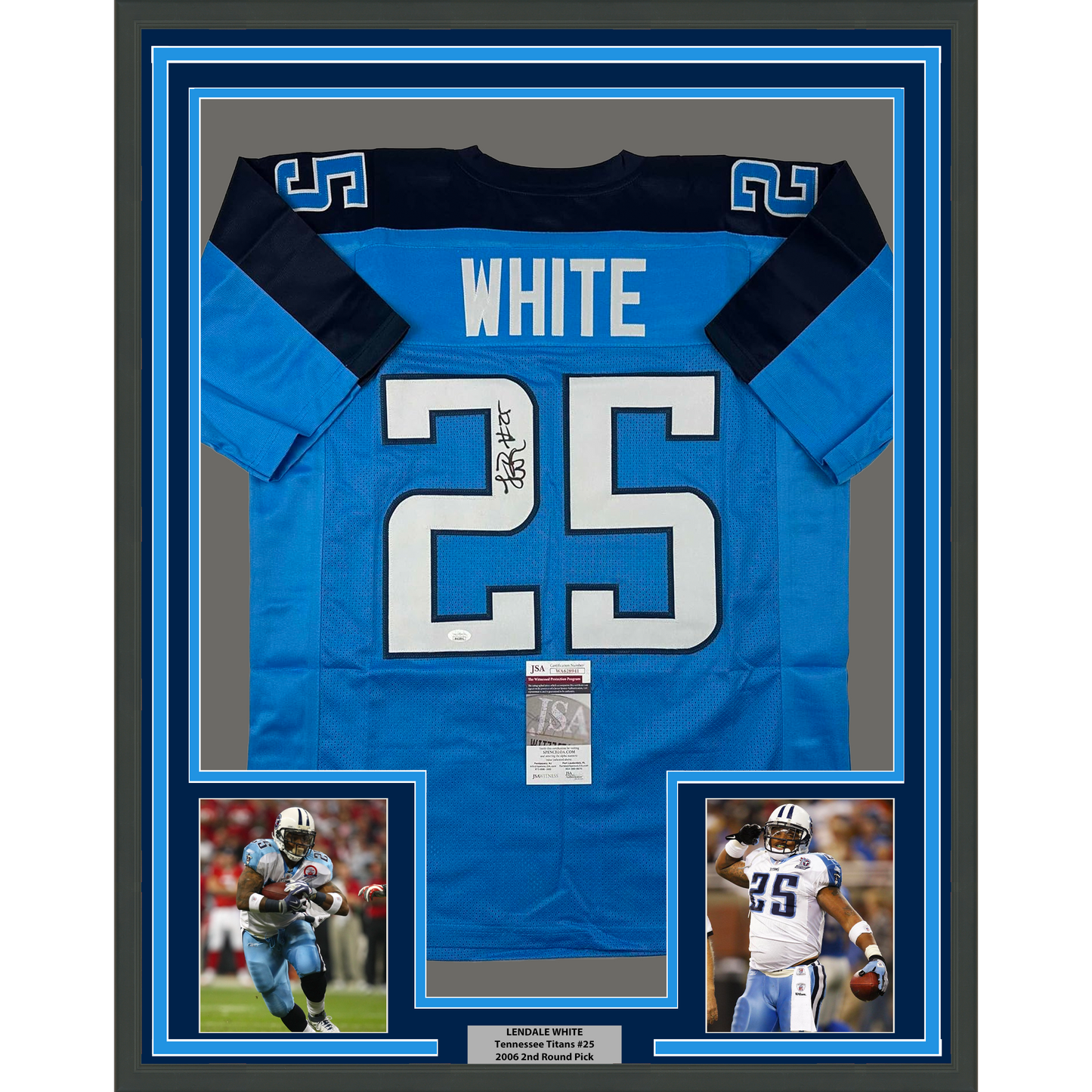 Framed Autographed/Signed LenDale White 35x39 Tennessee Light Blue Football Jersey JSA COA