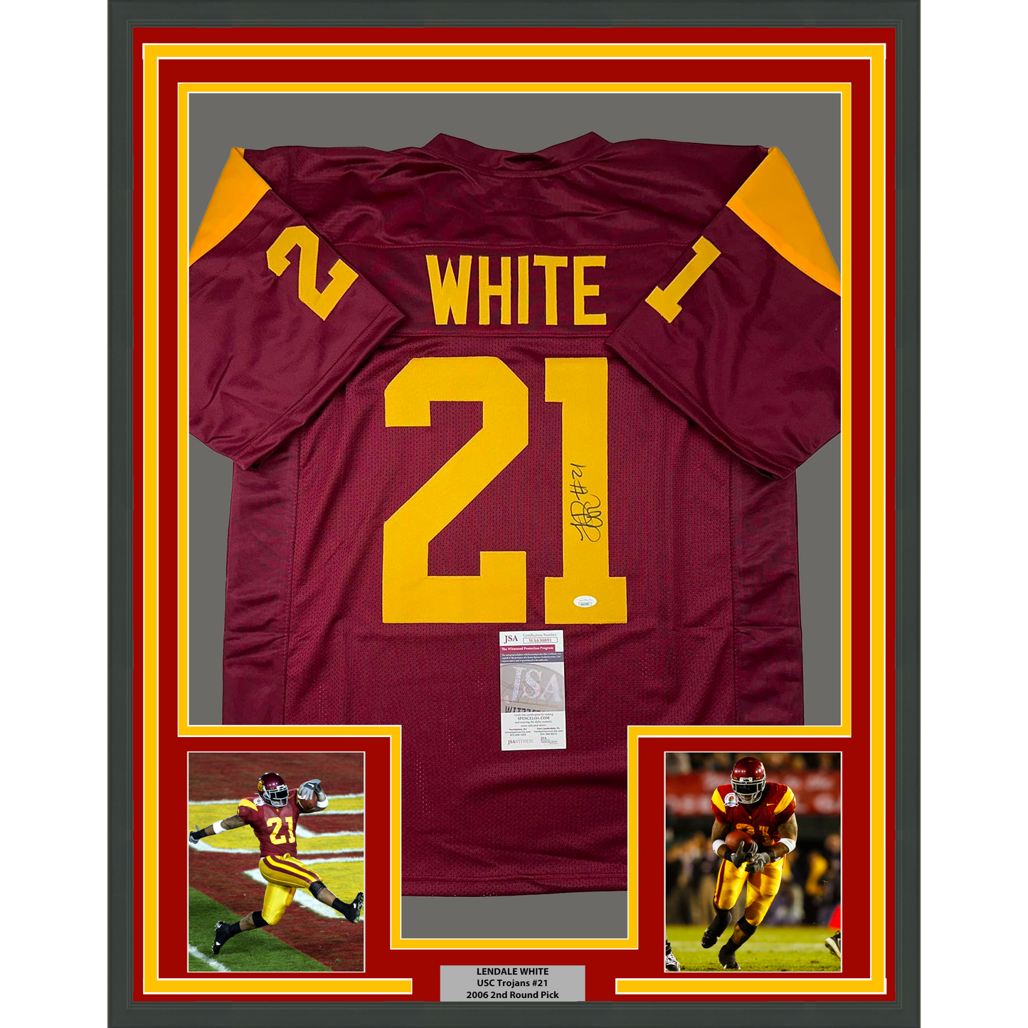 Framed Autographed/Signed LenDale White 35x39 USC Southen Cal Maroon College Football Jersey JSA COA