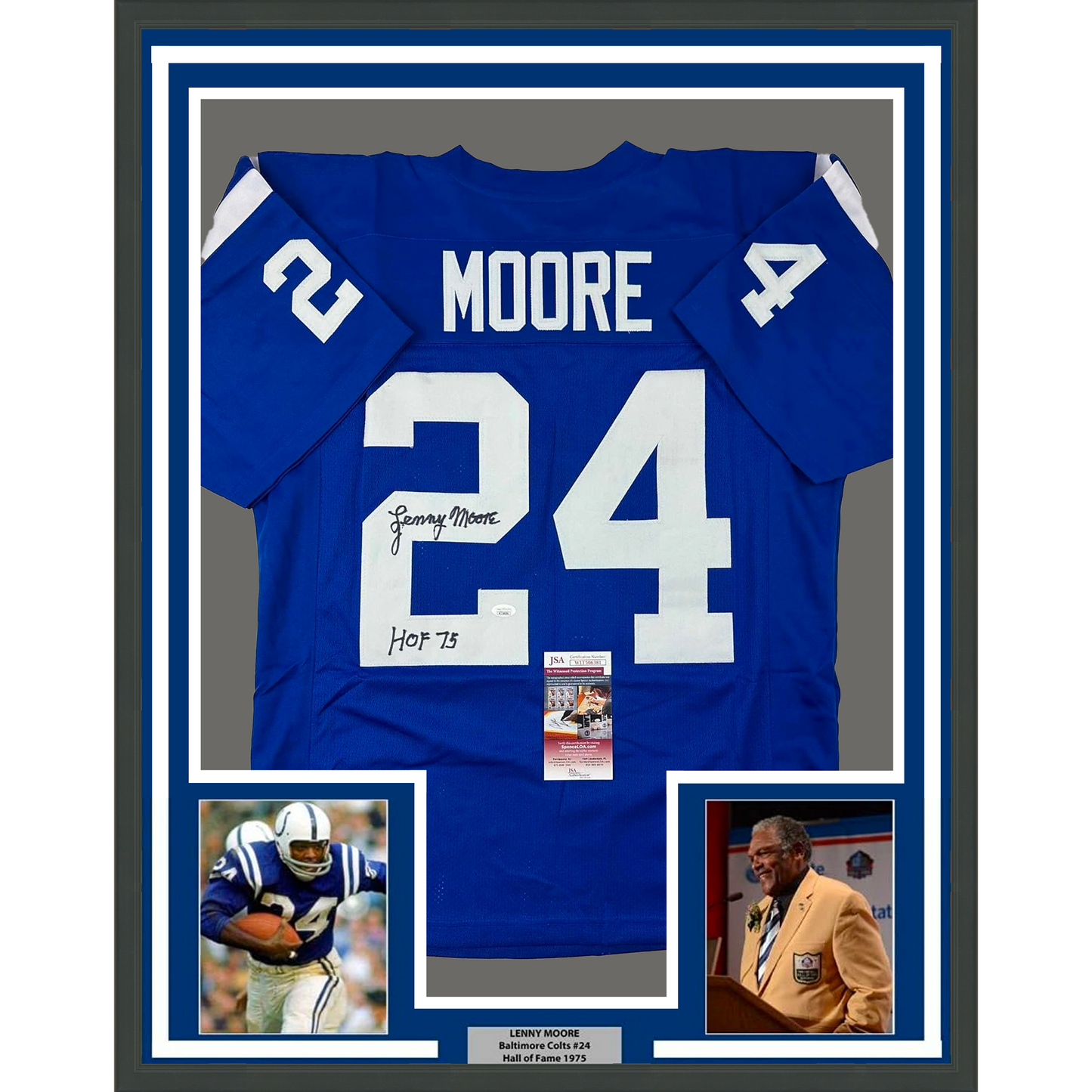 Framed Autographed/Signed Lenny Moore 35x39 HOF 75 Baltimore Blue Football Jersey JSA COA