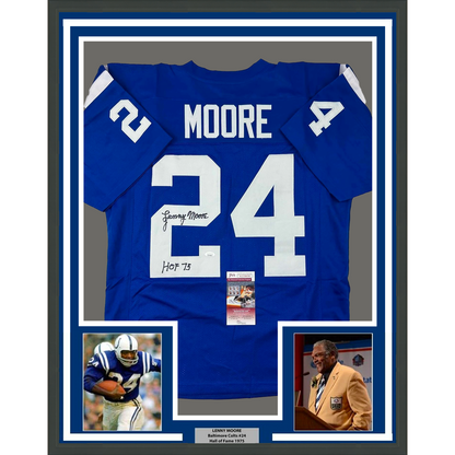 Framed Autographed/Signed Lenny Moore 35x39 HOF 75 Baltimore Blue Football Jersey JSA COA