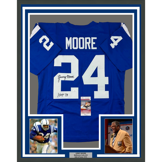 Framed Autographed/Signed Lenny Moore 35x39 HOF 75 Baltimore Blue Football Jersey JSA COA