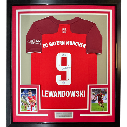 Framed Autographed/Signed Robert Lewandowski 35x39 FC Bayern Munich Red Soccer Futbol Jersey Beckett BAS COA