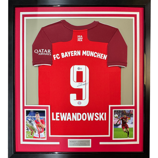 Framed Autographed/Signed Robert Lewandowski 35x39 FC Bayern Munich Red Soccer Futbol Jersey Beckett BAS COA