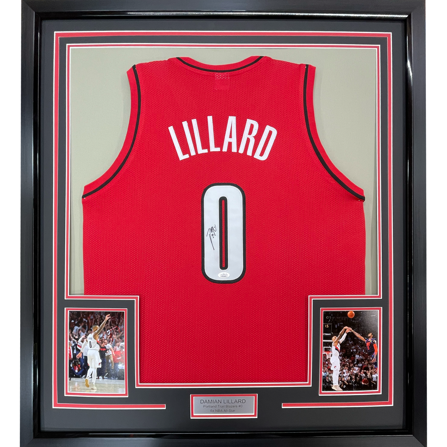 Framed Autographed/Signed Damian Lillard 35x39 Portland Red Basketball Jersey JSA COA