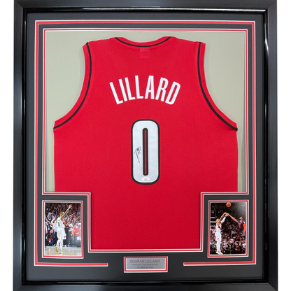 Framed Autographed/Signed Damian Lillard 35x39 Portland Red Basketball Jersey JSA COA