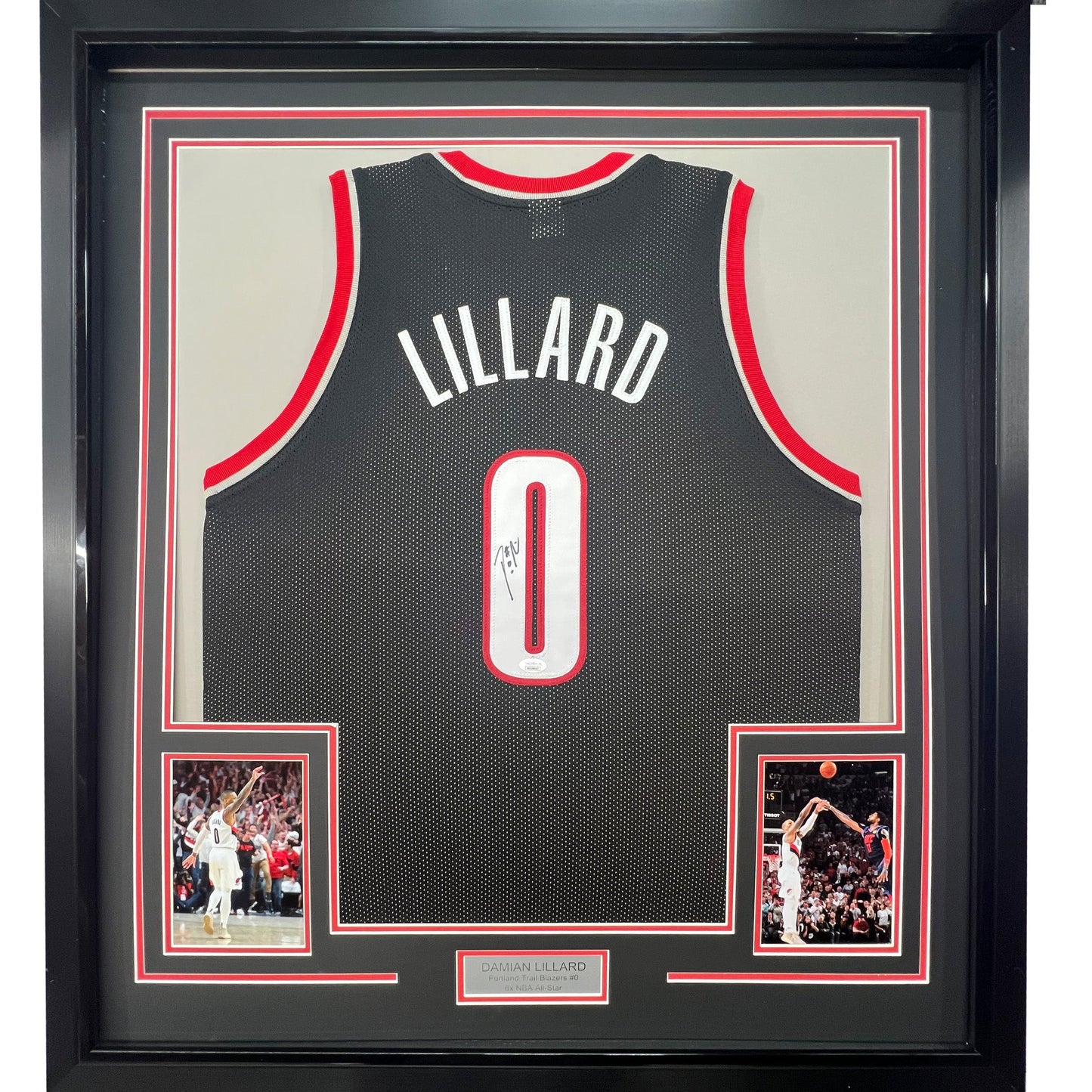 Framed Autographed/Signed Damian Lillard 35x39 Portland Black Basketball Jersey JSA COA