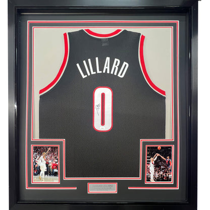 Framed Autographed/Signed Damian Lillard 35x39 Portland Black Basketball Jersey JSA COA