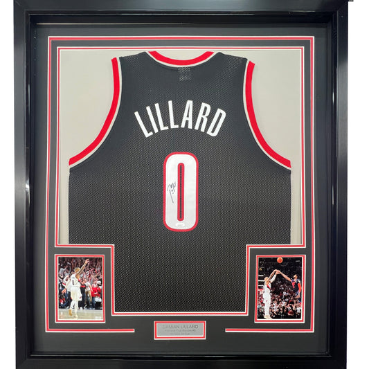 Framed Autographed/Signed Damian Lillard 35x39 Portland Black Basketball Jersey JSA COA