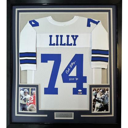 Framed Autographed/Signed Bob Lilly HOF 80 35x39 Dallas White Football Jersey JSA COA