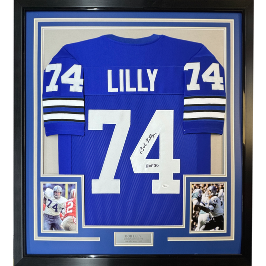 Framed Autographed/Signed Bob Lilly HOF 80 35x39 Dallas Retro Blue Football Jersey JSA COA