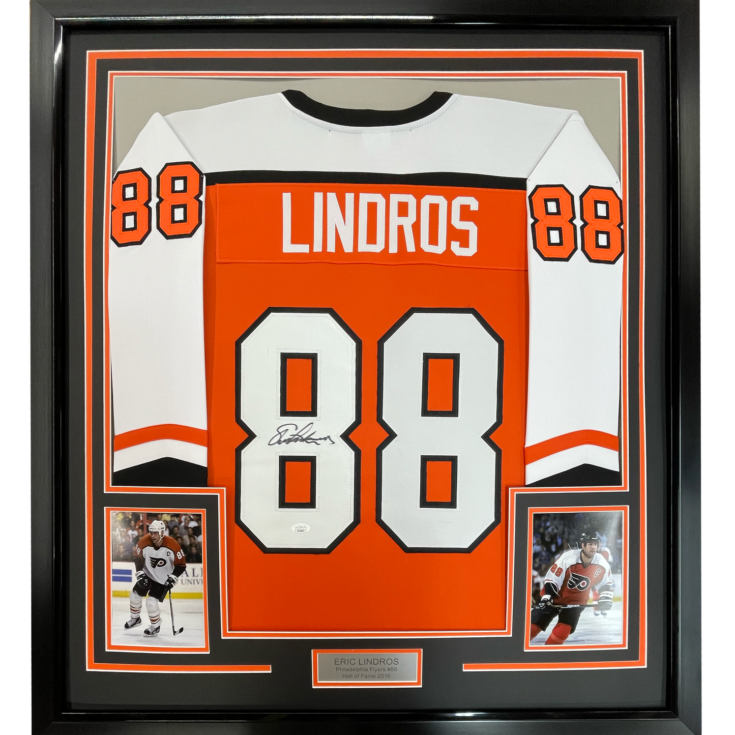 Framed Autographed/Signed Eric Lindros 35x39 Philadelphia Orange Hockey Jersey JSA COA