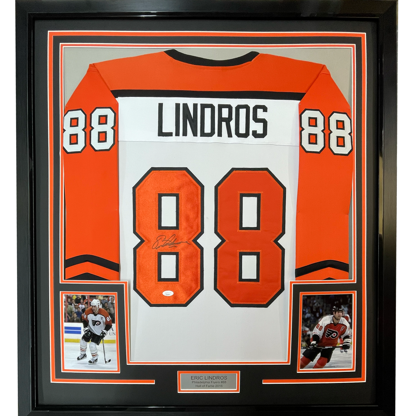 Framed Autographed/Signed Eric Lindros 35x39 Philadelphia White Hockey Jersey JSA COA