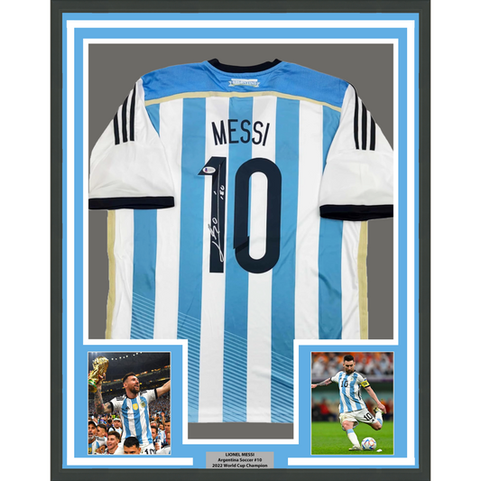 Framed Autographed/Signed Lionel Leo Messi 35x39 Argentina Blue/White Soccer Jersey Beckett BAS COA