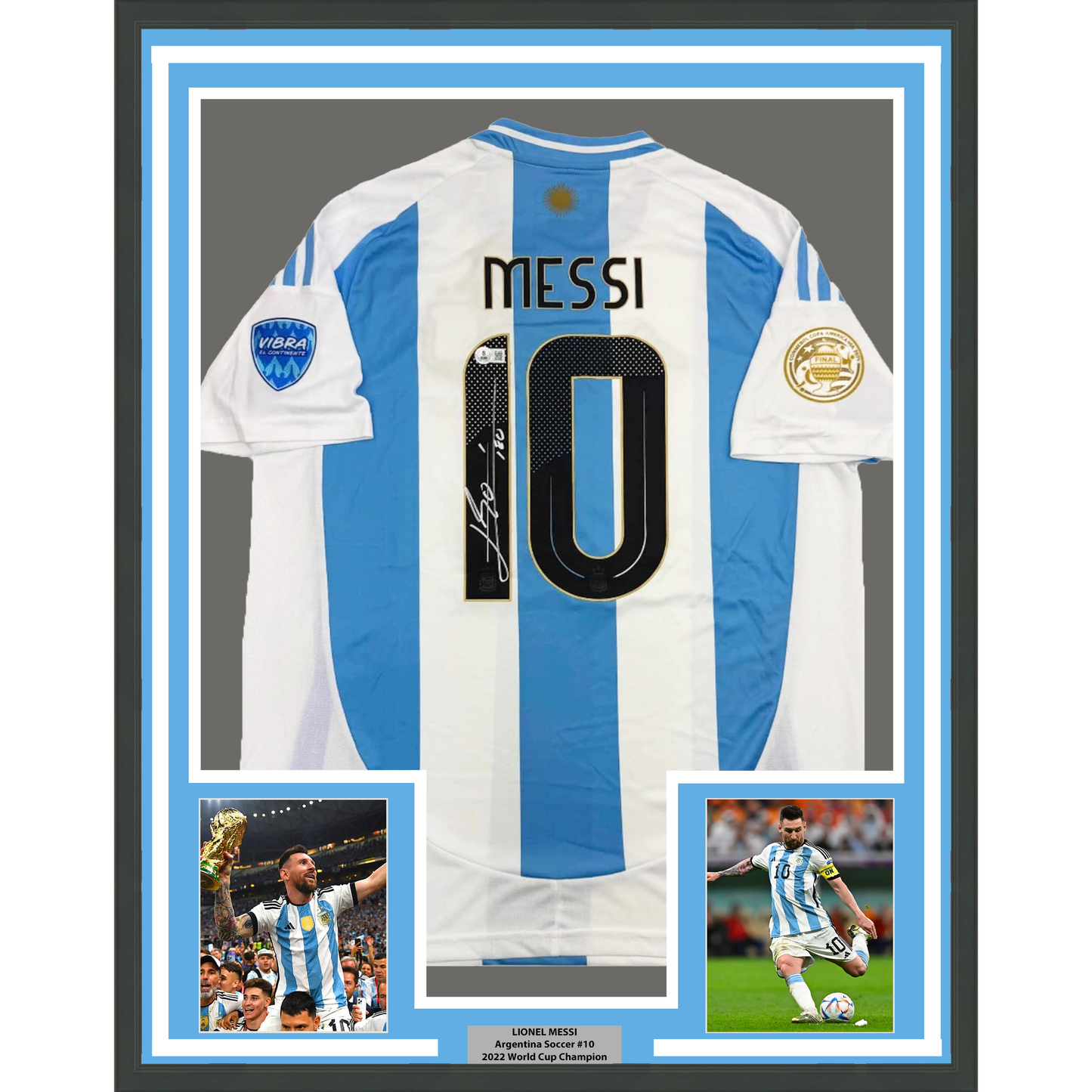 Framed Autographed/Signed Lionel Leo 35x39 Messi Argentina Blue/White Soccer Jersey Beckett BAS COA