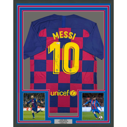 Framed Autographed/Signed Lionel Leo Messi 35x39 FC Barcelona Soccer Jersey Beckett BAS COA