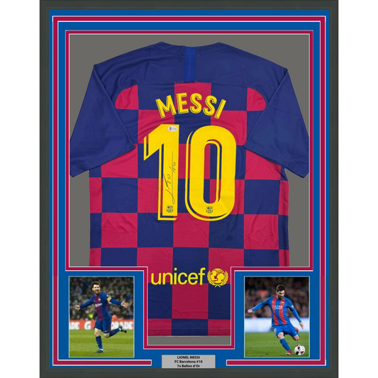 Framed Autographed/Signed Lionel Leo Messi 35x39 FC Barcelona Soccer Jersey Beckett BAS COA