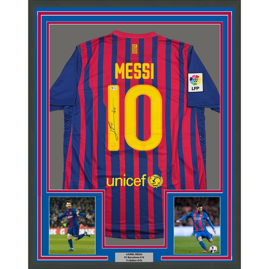 Framed Autographed/Signed Lionel Leo Messi 35x39 FC Barcelona Soccer Jersey Beckett BAS COA #2