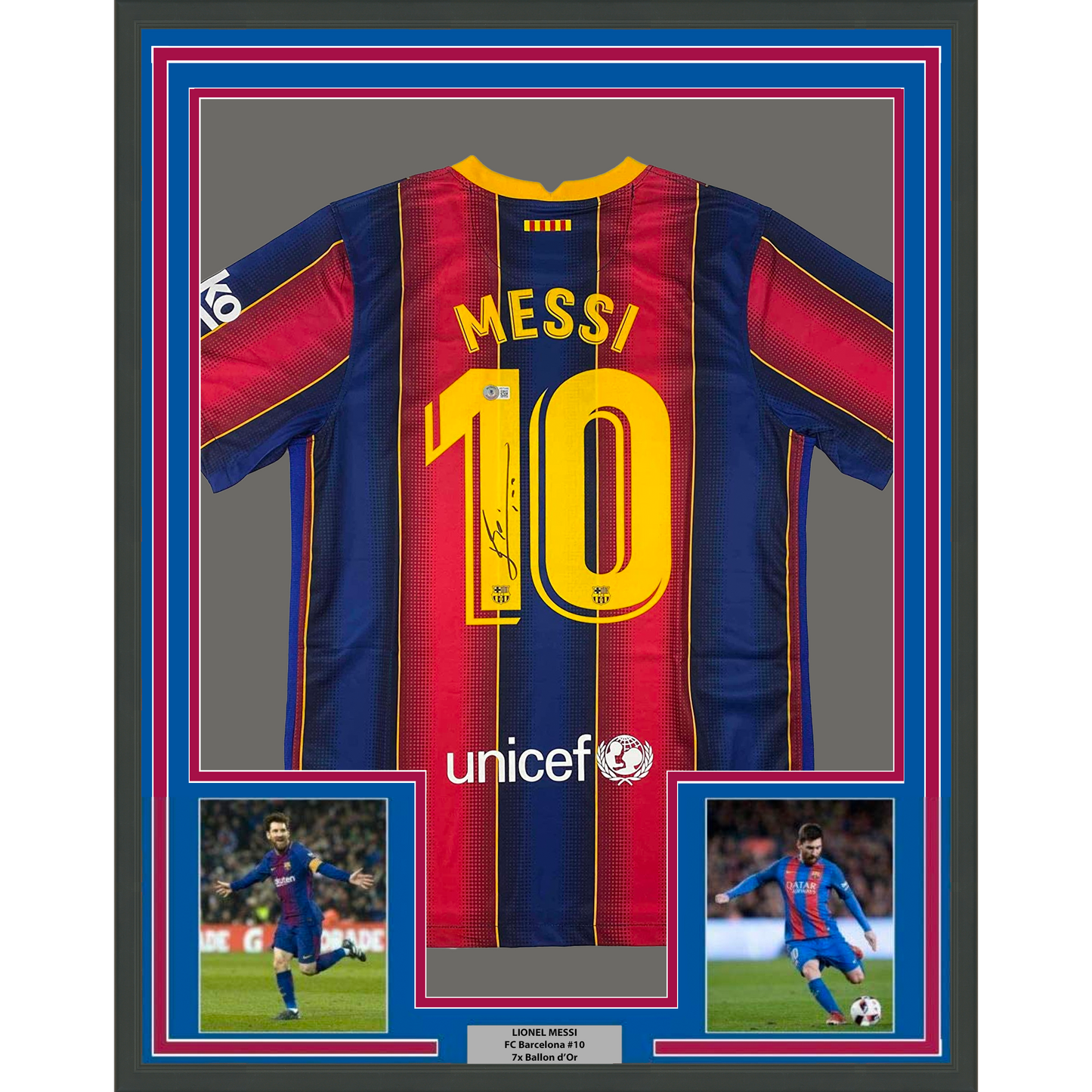 Framed Autographed/Signed Lionel Leo Messi 35x39 FC Barcelona Blue Soccer Jersey Beckett BAS COA/LOA